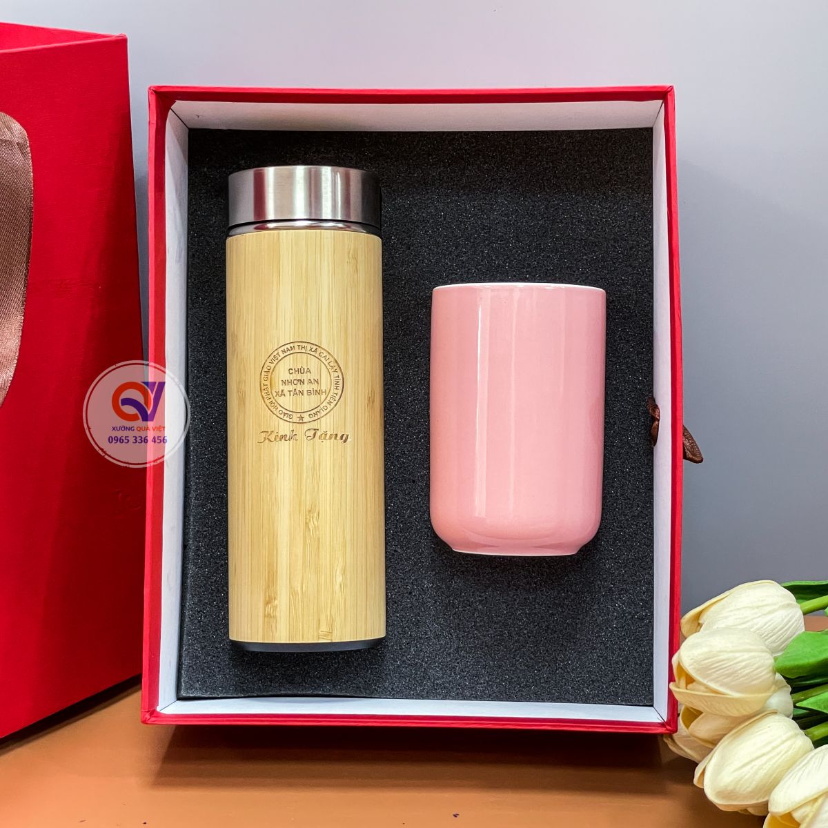 SET QUÀ TẶNG BÌNH GIỮ NHIỆT THÂN GỖ + CA SỨ TRƠN