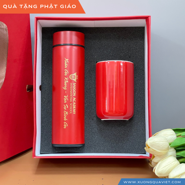Set quà bình giữ nhiệt đỏ + ca sứ in logo theo yêu cầu