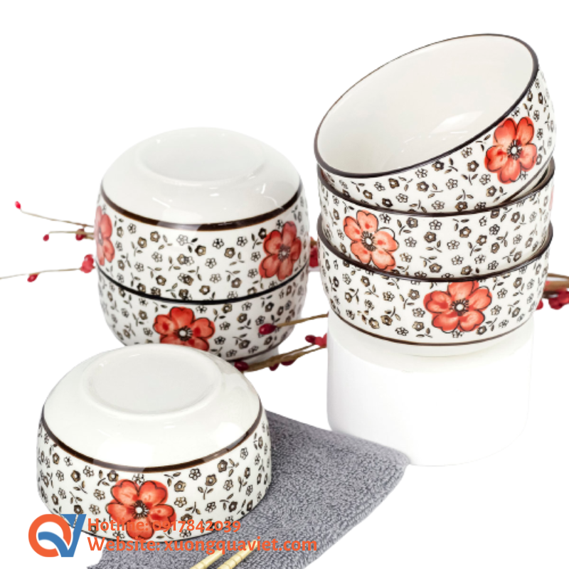 Bộ chén sứ vẽ hoa đỏ - quà tặng thương hiệu