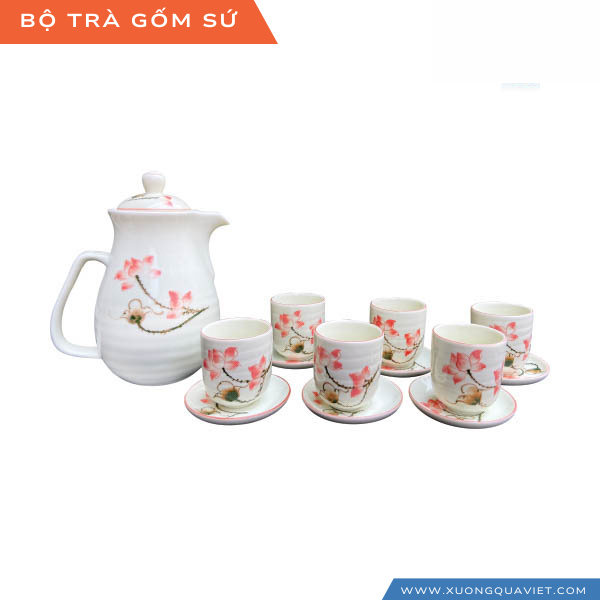 Bộ trà sứ hoa sen đỏ, quà tặng doanh nghiệp in logo, quà tặng khách hàng