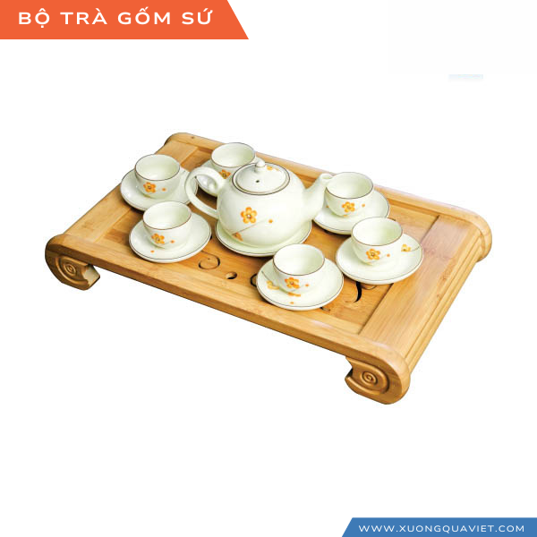 Bộ ấm chén trà sứ vẽ hoa mai vàng, quà tặng doanh nghiệp, quà tặng chăm sóc khách hàng in logo