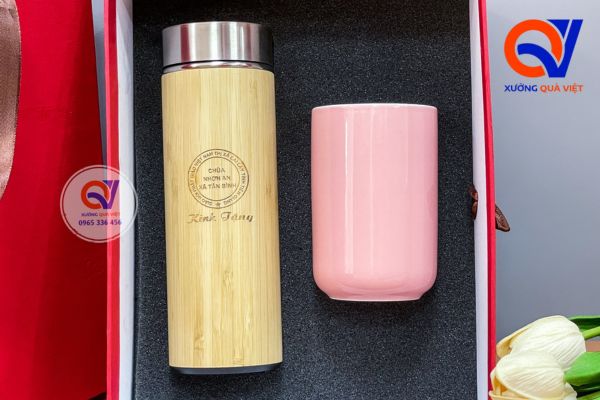 Set bình giữ nhiệt và ly sứ phật giáo
